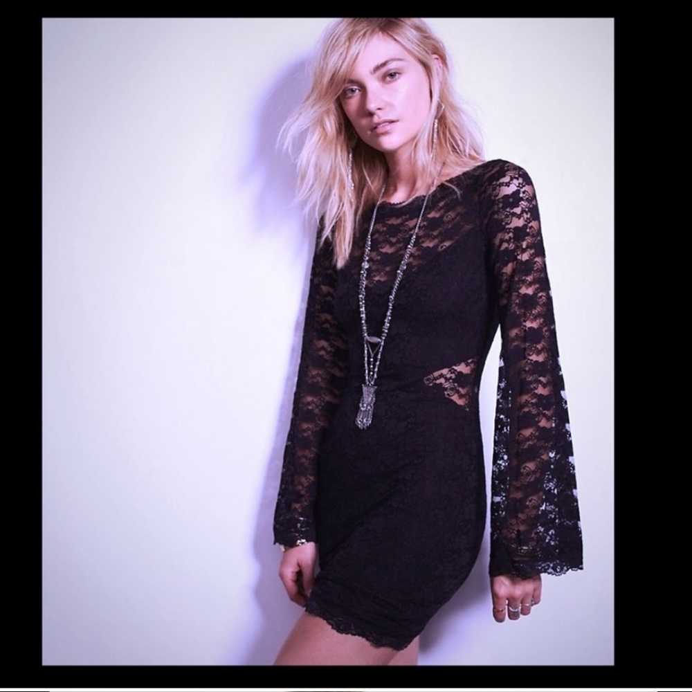 Free People Lovely in Lace Bodycon Dress Black NWOT